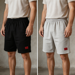Shorts Bermuda en coton uni pour homme avec taille élastique et détail de patch, design décontracté taille mi-haute - Product Image 5