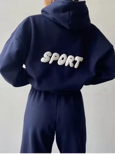 Sweat-shirt à capuche surdimensionné bleu pour femme avec manches bouffantes et imprimé lettres au dos, tricoté, manches longues, pour l'automne - Product Image 4