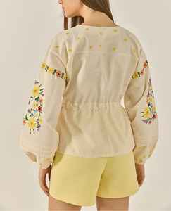 Blusa Vintage para Mujer, Sin Tejido, Bordada con Flores, Manga Larga, Botones al Frente, Cintura con Cordón Ajustable, Top ODM - Product Image 1