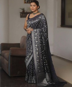 Black Silk Saree With Silver Floral Pattern Traditional Indian Wedding Wear <b>Floor</b>-Length Regular Fit Women's Sari - Product Image 3