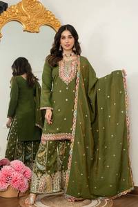 Olive Green Embroidered Indian Pakistani Set Long Sleeve <b>Kurta</b> Palazzo Dupatta Traditional <b>Dress</b> for Party Wedding - Product Image 1
