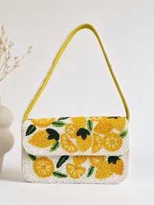 Cadenas para Bolsos de Hombro Hechas a Mano con Cuentas de Limón y Bordado |   Bolso de Viaje Tejido con Diseño de Cítricos |   Bolso Bohemio de Cuentas Blancas Shah - Product Image 3