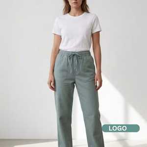 Pantalon en coton taille haute pour femme, coupe droite, devant plat, avec cordon de serrage, couleur unie, décontracté, longueur intégrale, délavé, pour le printemps - Product Image 1