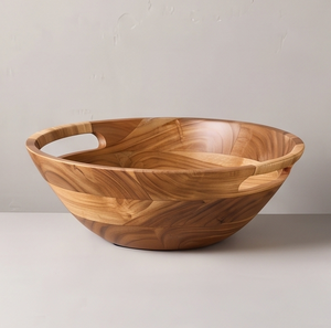 Bol de service en bois de manguier finition naturelle, grand saladier en bois avec poignée intégrée et revêtement en rotin - Product Image 2