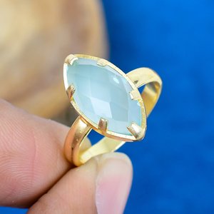 Handmade Natural Aqua Chalcedony Marquise Shape Gemstone <b>Ring</b> 18k Gold Micron Over <b>925</b> Sterling <b>Silver</b> - Product Image 1