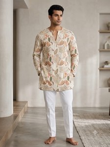 NOIIR PIGEON Kurta Tradicional de Algodón Grueso para Hombre, Corte Holgado, Sin Arrugas, Estampado Posicional, Bordado con Hilo Dorado y Lentejuelas - Product Image 2