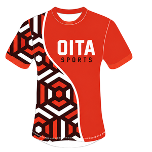 Camiseta de Rugby Geométrica Roja Brillante, Negra y Blanca, de Manga Corta y Cuello Redondo, Personalizable, Transpirable, para Entrenamiento Deportivo en Equipo - Product Image 1