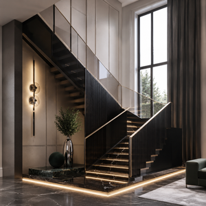 Modern black luxury stair railing with glass panels and vertical balusters for villa hotel and home interiors - Product Image 1