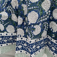 Nappe ronde en coton faite à la main, imprimée de fleurs bleues, style chinois traditionnel avec bordure verte, décoration de salle à manger, lavable