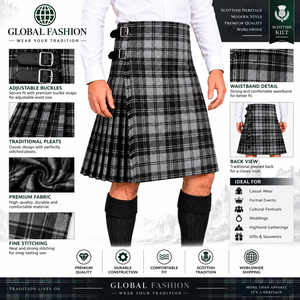 Global Fashion 2026 <b>Men's</b> Polyviscose Tartan <b>Kilt</b> Pleated High Waist <b>Black</b> Gray Plaid Pattern - Product Image 4