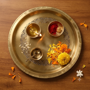 Plateau de Pooja en laiton fait main, assiette traditionnelle de Puja, plateau de service en laiton gravé, assiette décorative, cadeau en gros - Product Image 2