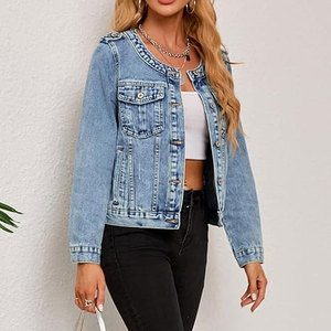แจ็คเก็ตสำหรับผู้หญิง แจ็คเก็ตยีนส์สไตล์ตะวันตกแบบลำลองแขนยาวติดกระดุมไม่มีปกทันสมัย ชุดคอนเสิร์ตสไตล์คันทรี่ - Product Image 5