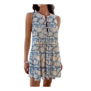 Vestido Corto de Algodón Estampado, Vestido de Verano sin Mangas, Colección de Algodón Indio, Hermoso Vestido Túnica de Algodón Estampado a Mano - Product Image 6