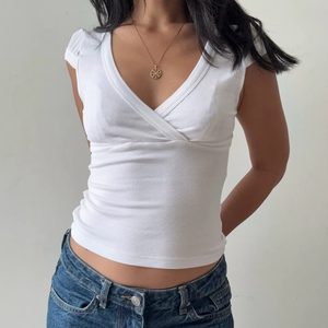 Camisetas de Cuello en V para Mujer, Manga Corta, Corte Regular, Tops Casuales de Color Sólido, Tejido Elástico, Transpirable, de Poliéster, Secado Rápido para Verano - Product Image 2