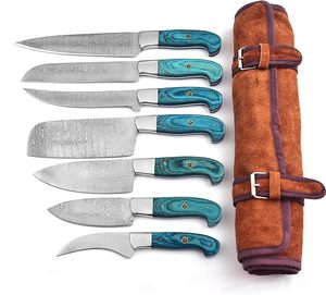 Ensemble de couteaux de cuisine en acier Damas, 7 pièces, couteaux de chef, manche en bois turquoise, avec sac en cuir, vente en gros, fabricant OEM B2B - Product Image 4