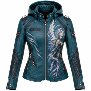 Chaqueta de cuero genuino para mujer, color verde azulado y negro, con capucha, estilo motero, estampado personalizado Celestial Valkyrie, mangas con textura ondulada y detalles de púas. - Product Image 1