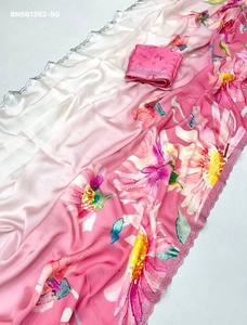 Beautiful Top Quality Satin Georgette with Floral Digital Print & Swarovski Cut-work Border <b>Saree</b>-<b>Blouse</b> Woman Fashion - Product Image 4