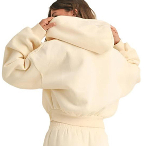 Hoodie court crème pour femme, personnalisé, à épaules tombantes, manches longues, zippé, coupe oversize, pour l'hiver, vente en gros - Product Image 2