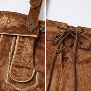 Men's Brown <b>Velvet</b> Bavarian Lederhosen <b>Shorts</b> With Embroidery High Waist Drawstring Casual Bavarian Style - Product Image 5