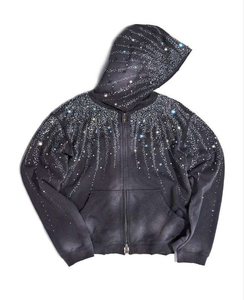 Nouveau sweat à capuche zippé unisexe en molleton 100% coton, style streetwear délavé à l'acide, orné de strass, confortable et tendance - Product Image 1