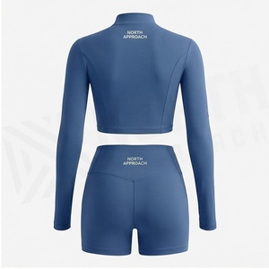 North Approach 2 Piece Yoga Set Quarter Zip Crop <b>Top</b> High Waist Shorts Solid Blue <b>Sweat</b> Wicking Breathable Sportswear - Product Image 2