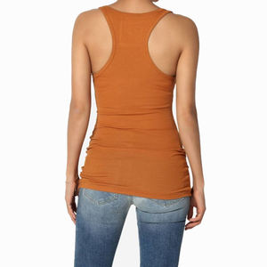 Débardeur en maille froncé pour femme, col rond, couleur unie, décontracté, respirant, mélange coton élasthanne, orange, style long - Product Image 3