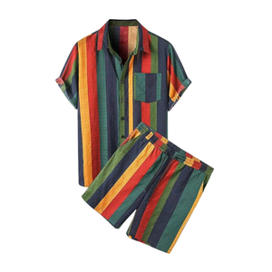 Conjunto de Camisa y Pantalones Cortos de Verano para Hombre, Camisa a Rayas Coloridas y Pantalones Cortos Transpirables de Algodón para Hombre - Product Image 1