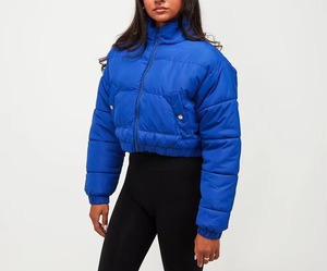 Chaqueta Acolchada Azul para Mujer, Chaqueta Corta de Invierno con Cierre, Cuello Alto, Manga Larga, Color Sólido, Relleno Grueso de Poliéster - Product Image 1