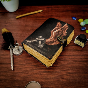 Leather <b>Mini</b> Diary Detailed Sitting Angel Design Black Wings Illustration Water Color Eco-Friendly Thermal Binding Embossed Gift - Product Image 3