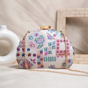 <b>White</b> Multipattern D-Shape Clutch <b>Bag</b> Designer Party Handbag for Women Wedding Occasions - Product Image 1