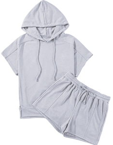 Conjunto de Sudadera con Capucha de Manga Corta y Pantalones Cortos de Punto de Algodón para Mujer, Tallas Grandes, Ropa Casual Transpirable de Alta Calidad, Logotipo Personalizado - Product Image 2