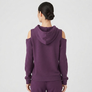 Custom Women's Purple Hooded Sweatshirt Drop Shoulder Cold Shoulder Solid Color Cotton <b>Bamboo</b> Fiber Breathable Autumn Wear - Product Image 6