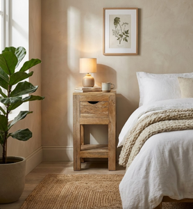 Mesa de Noche Contemporánea de Madera de Roble Macizo con 1 Cajón, Mueble Hecho a Mano, Ecológico y Duradero para Hotel, Hogar, Oficina y Dormitorio - Product Image 1