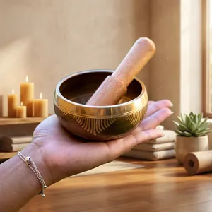 Cuenco tibetano artesanal de latón antiguo con mazo de madera, patrón grabado dorado, cuenco de sonido para meditación, yoga y mindfulness - Product Image 1