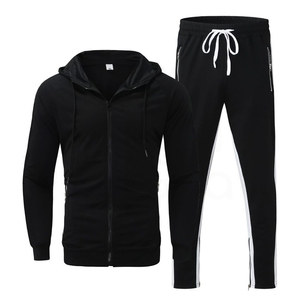 Men's Black Tracksuit Set Full <b>Zip</b> <b>Hooded</b> Long Sleeve Solid Color Casual Wear Autumn Breathable Polyester Material - Product Image 1