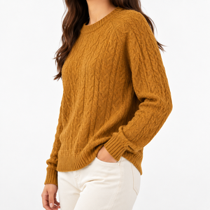 Suéter de Punto Trenzado para Mujer, Cuello Redondo, Manga Larga, Color Mostaza, para Uso Diario |   Proveedor OEM ODM - Product Image 1