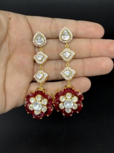 925 Sterling Silver Polki Dangle <b>Earrings</b> Nano <b>Red</b> Flower Shape Indian Jewelry for Women gift for her - Product Image 2