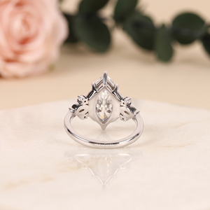 Marquise Cut <b>Ring</b> Featuring Floral Leaf Side Design Round Accent Gems <b>Silver</b> Tone <b>Statement</b> Engagement Bridal Fine Jewelry <b>Rings</b> - Product Image 2