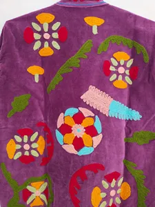 Vintage <b>Purple</b> <b>Velvet</b> Floral Embroidered Suzani Jacket Full Sleeve Stand Collar Handmade Boho Autumn Outerwear - Product Image 6