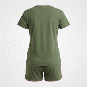 Conjunto Casual de 2 Piezas Verde para Mujer, Camiseta de Manga Corta y Pantalones Cortos por Encima de la Rodilla con Bordado Geométrico, Corte Holgado, Primavera Verano - Product Image 2