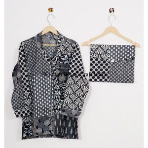 Ensemble de pyjama en jersey de coton de haute qualité pour femmes, robe de nuit classique avec passepoil, imprimé géométrique unique, vêtements de nuit pour adultes - Product Image 2