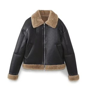 Blouson bomber en cuir PU noir pour homme avec doublure en fausse fourrure, fermeture éclair, coupe-vent, style motard, manteau d'hiver - Product Image 1