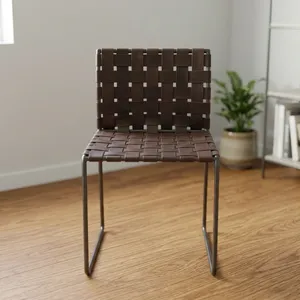 Modern Leather Weave Dining <b>Chair</b> with Metal <b>Legs</b> and Backrest <b>for</b> Home Furniture - Product Image 2
