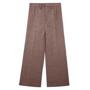 Pantalon large marron pour femme, taille haute, coupe ample, longueur intégrale, couleur unie, style minimaliste, fermeture boutonnée, tissu en laine, idéal pour l'automne - Product Image 4