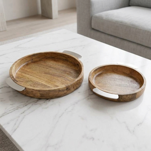 Round Shape <b>Wooden</b> <b>Serving</b> <b>Platters</b>/Tray Set With Curved Metallic Side Handles Ideal For Elegant Coffee Table Accent Display - Product Image 2