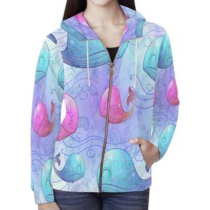 Women's Hooded Zip-Up Sweatshirt Cartoon Whale Print Full <b>Sleeve</b> Knitted Polyester Breathable Spring Wear - Product Image 1