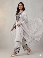 Ensemble 3 pièces Antra Lifestyle blanc et noir pour femme, coupe ample, kurta droite, palazzo, tenue de fête indienne et pakistanaise en coton lawn