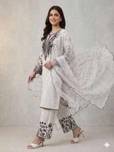 Trending White Black Straight Kurta Palazzo Suit 3 Piece Set Indian Pakistani Casual Party Wear Lawn Cotton Salwar Kameez Dress - Product Image 3