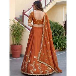 Plus Size Embroidered Silk Lehenga Choli for <b>Bride</b> with Bow and Feathers Pattern - Product Image 3