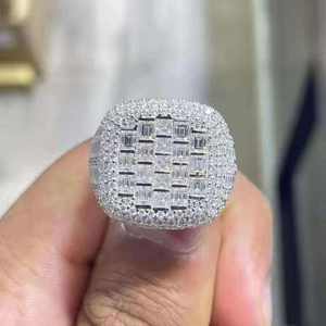 Unisex Iced Diamond 18k Gold Plated Large Cushion <b>Signet</b> Band Baguette Cluster Hip Hop Jewelry Lab Grown IGI Certified - Product Image 5